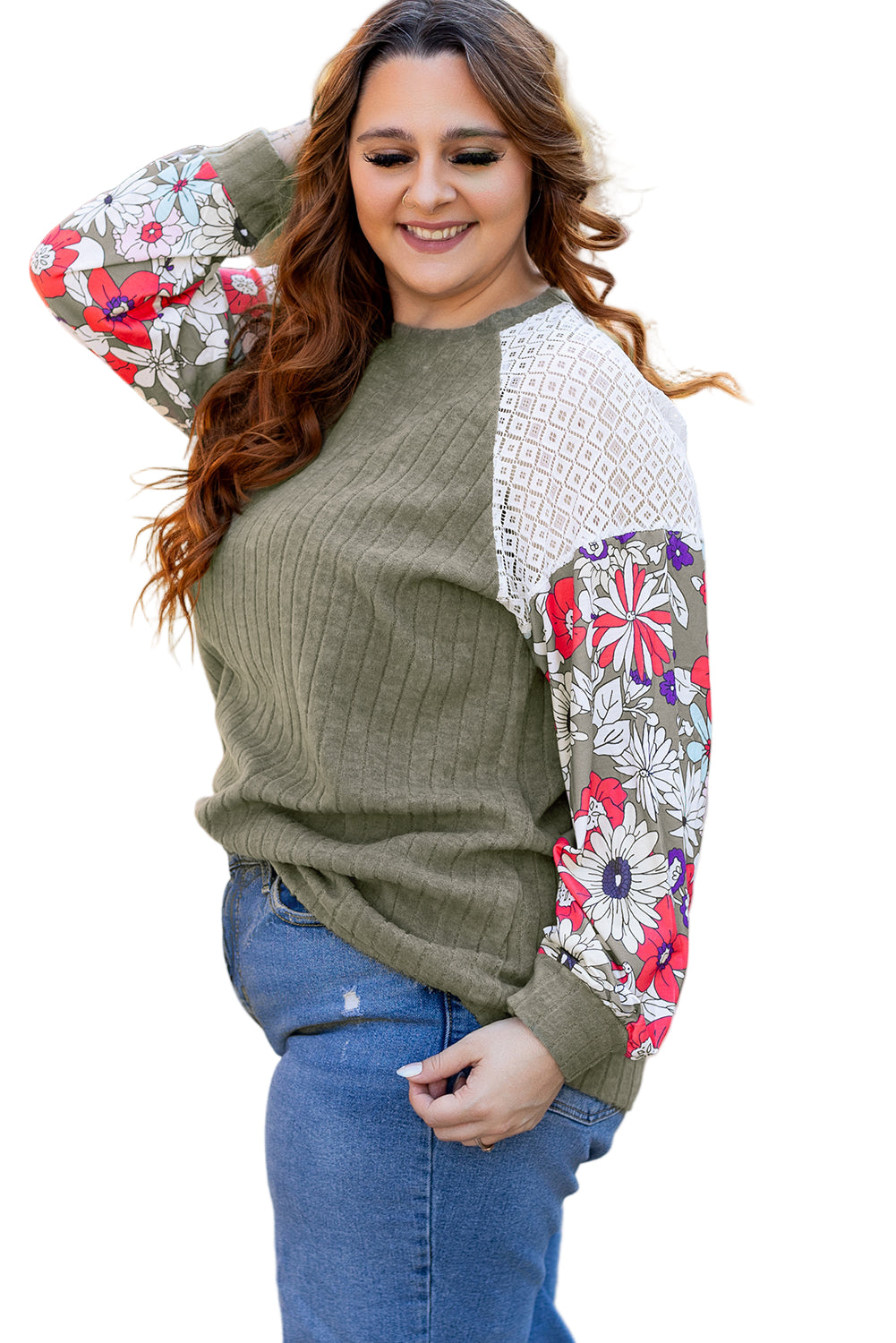Vineyard Green Plus Size Textured Floral Patchwork Raglan Sleeve Top