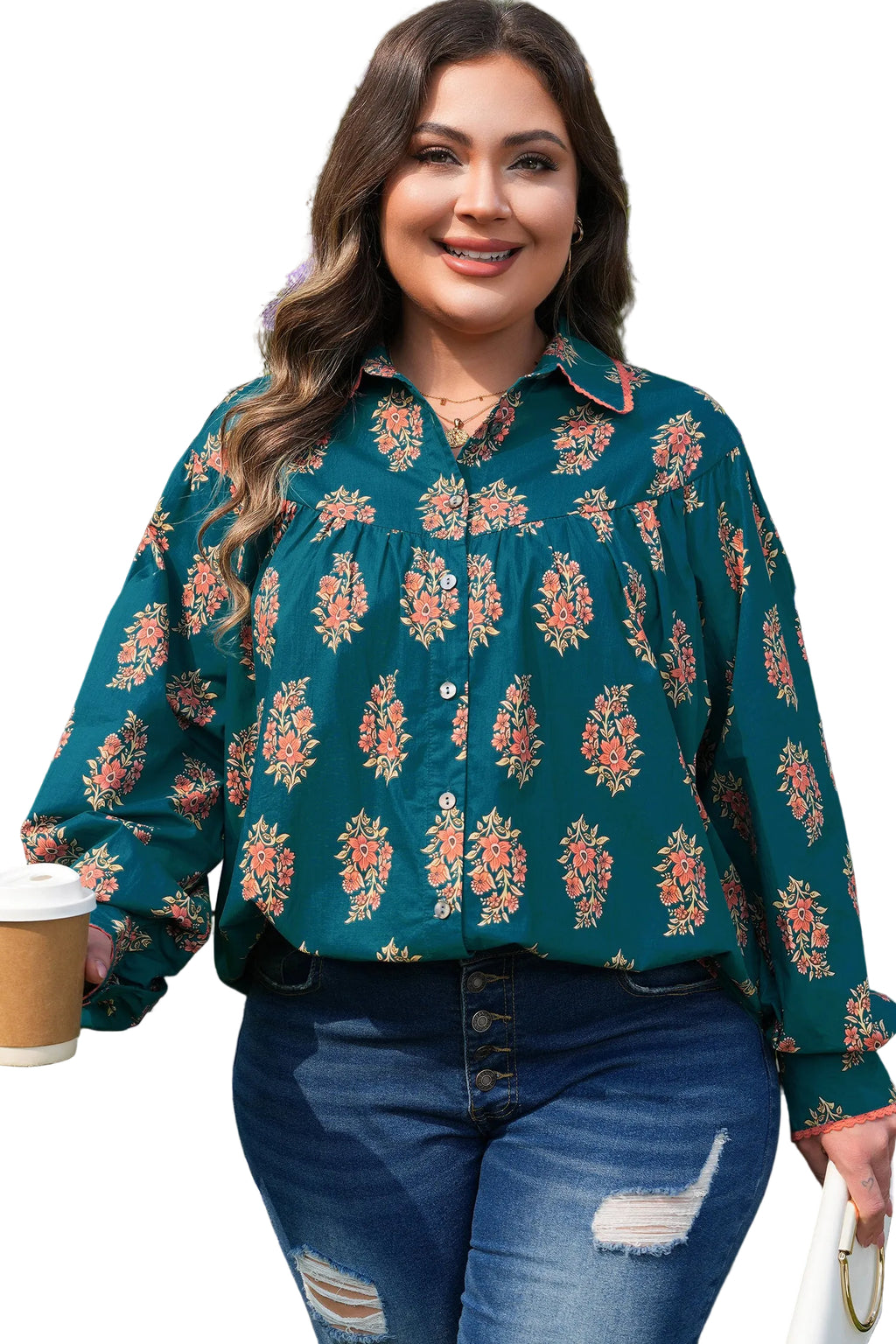 Green Plus Size Floral Print Contrast Lacy Trim Pleated Loose Shirt
