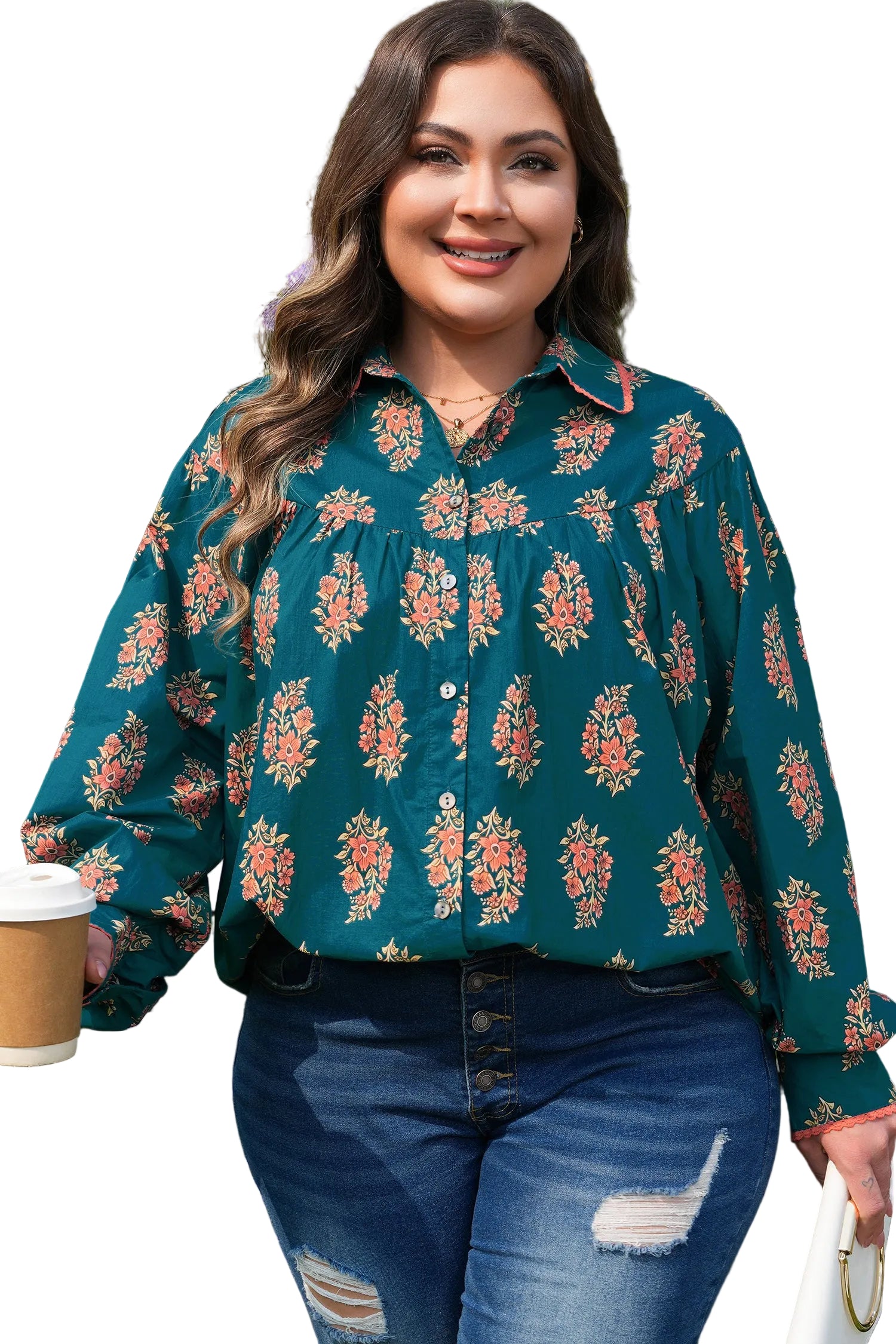 Green Plus Size Floral Print Contrast Lacy Trim Pleated Loose Shirt