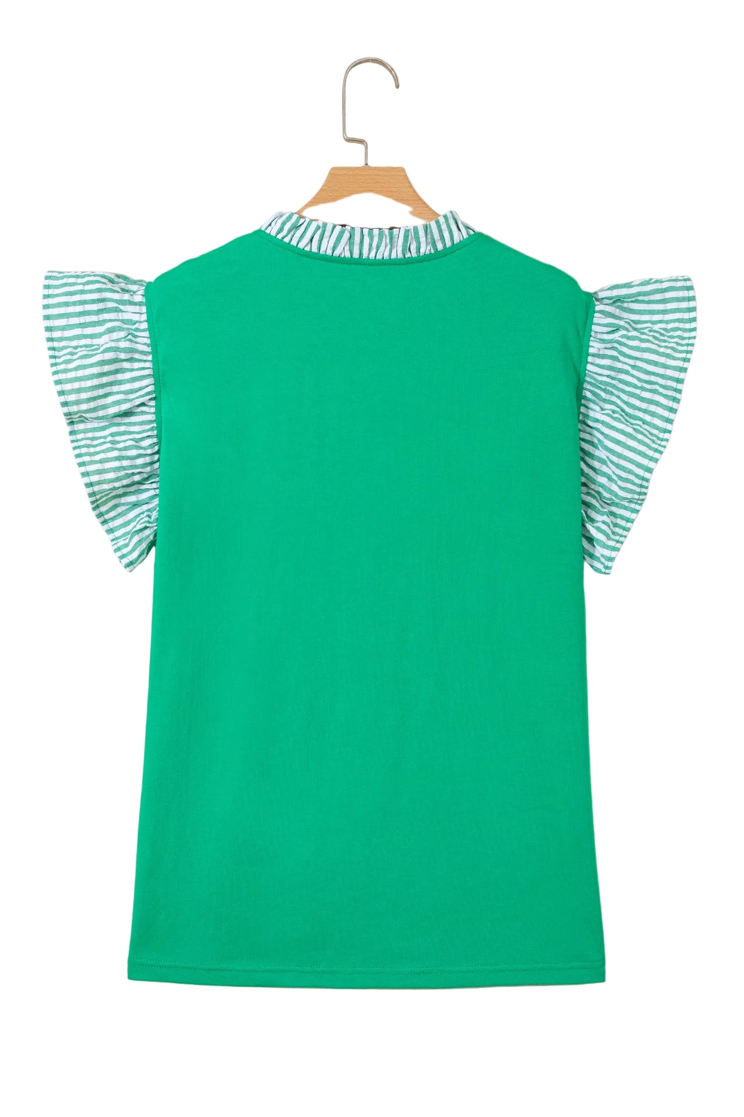 Dark Green Plus Size Button Front Ruffled Stripe Trim V Neck Flutter Sleeve Blouse