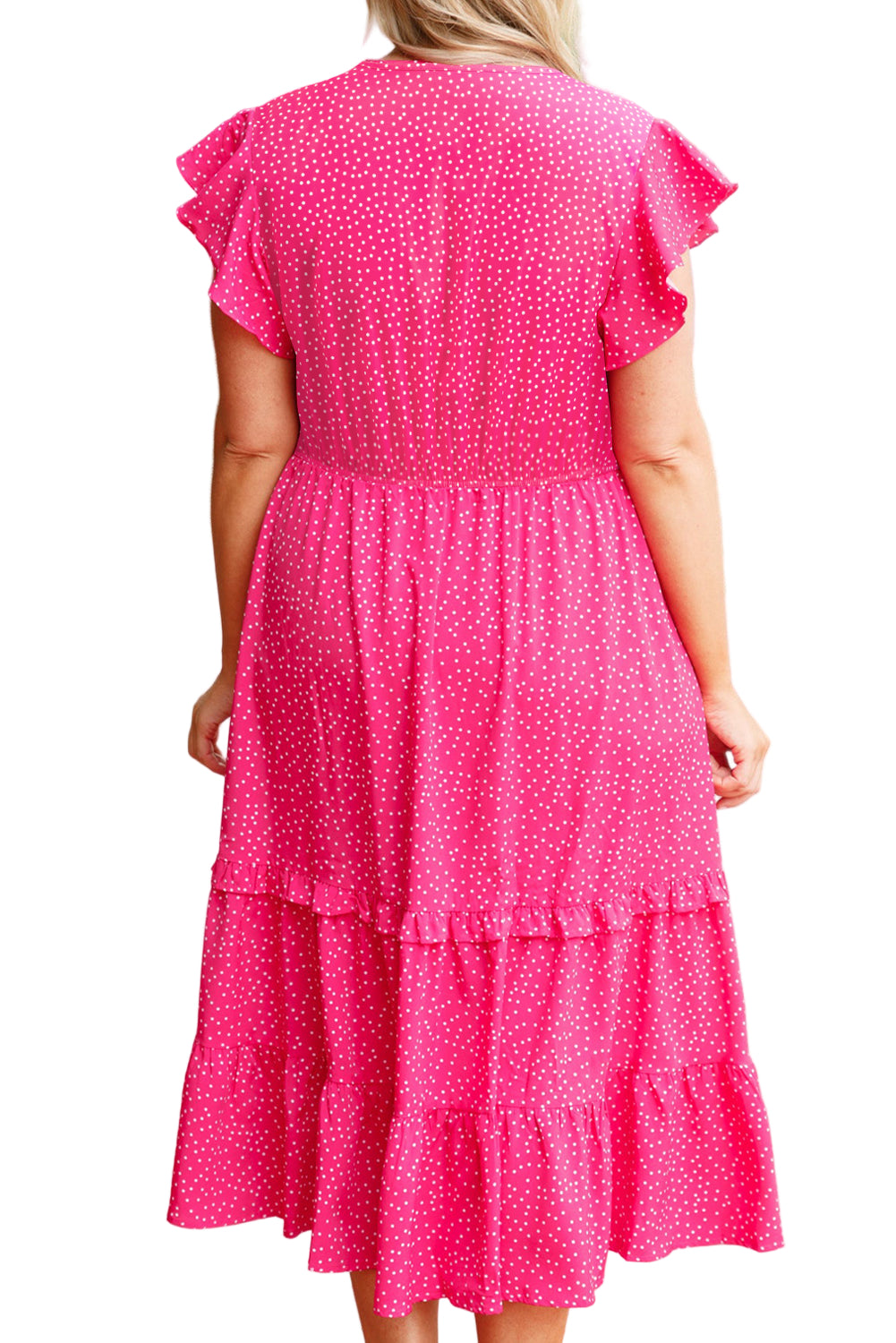 Rose Polka Dot Print Ruffled Smocked High Waist Plus Midi Dress