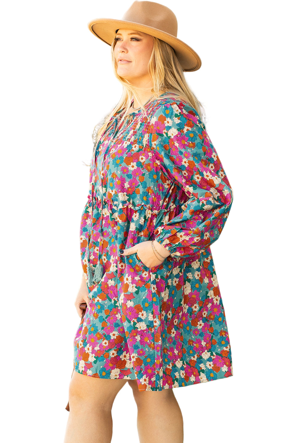 Sky Blue Plus Size Floral Print Shirred Ruffle Tiered Mini Dress