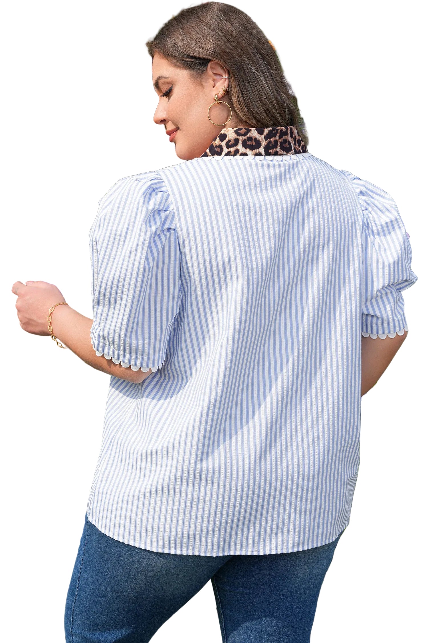 Sky Blue Stripe Plus Size Leopard Patchwork Collar Short Bubble Sleeve Blouse