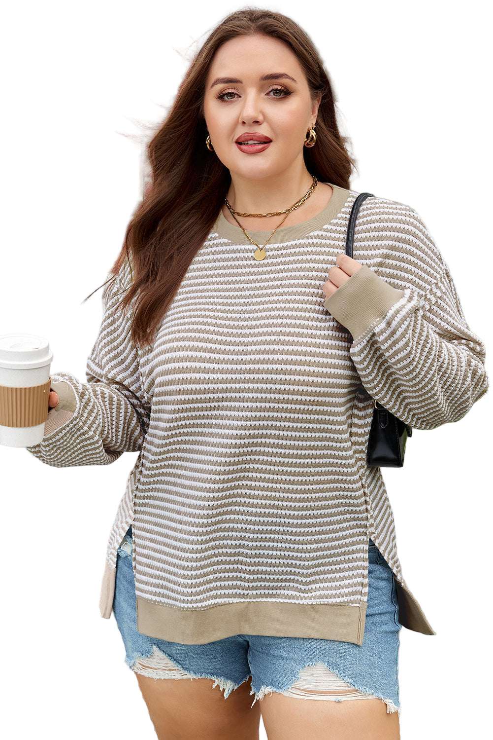 Brown Stripe Plus Size Breathable Knit Ribbed Trim Long Sleeve Top