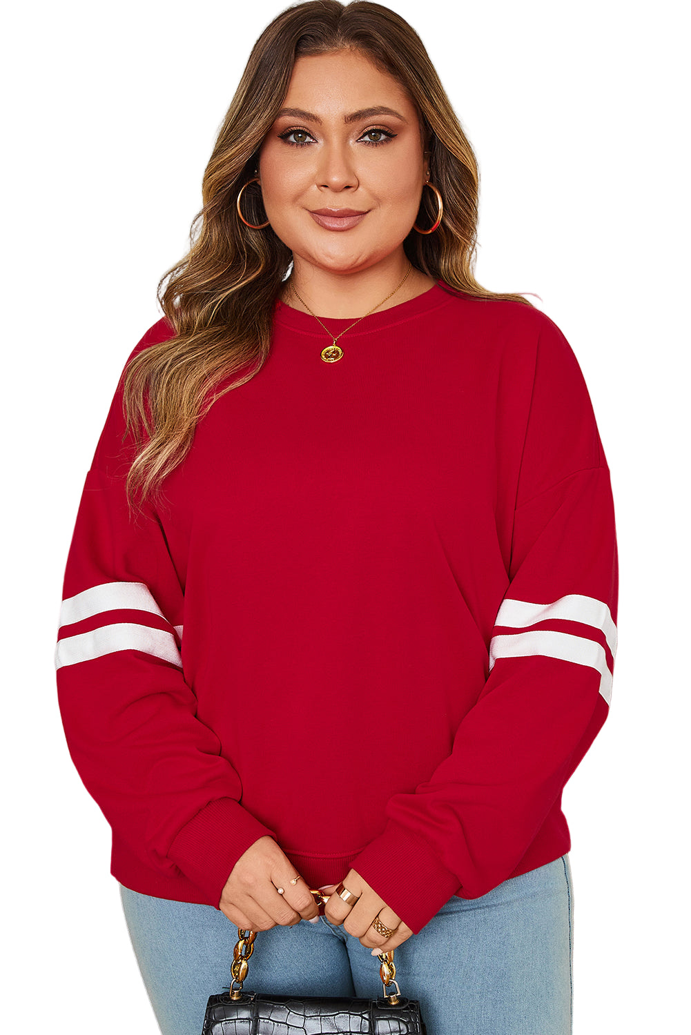 Fiery Red Varsity Striped Detail Crew Neck Plus Sweatshirt