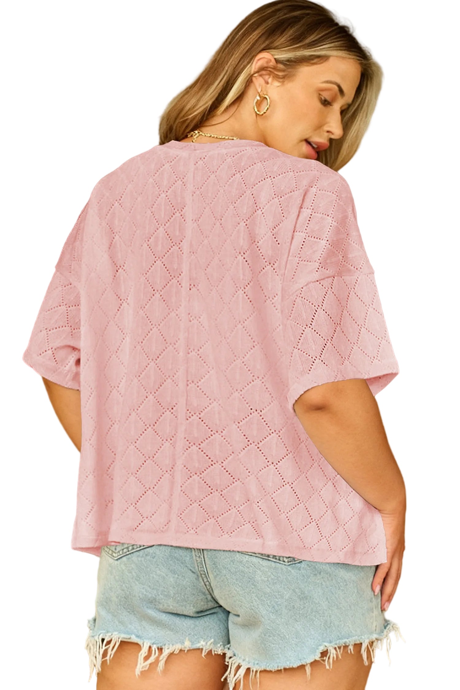 Light Pink Pointelle Rhombus Knit Plus Size V Neck Loose Top