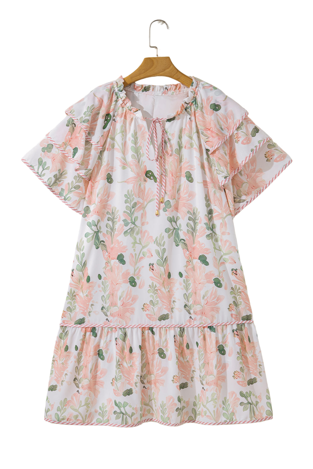 Pink Plus Size Floral Print Striped Detail Short Summer Dress