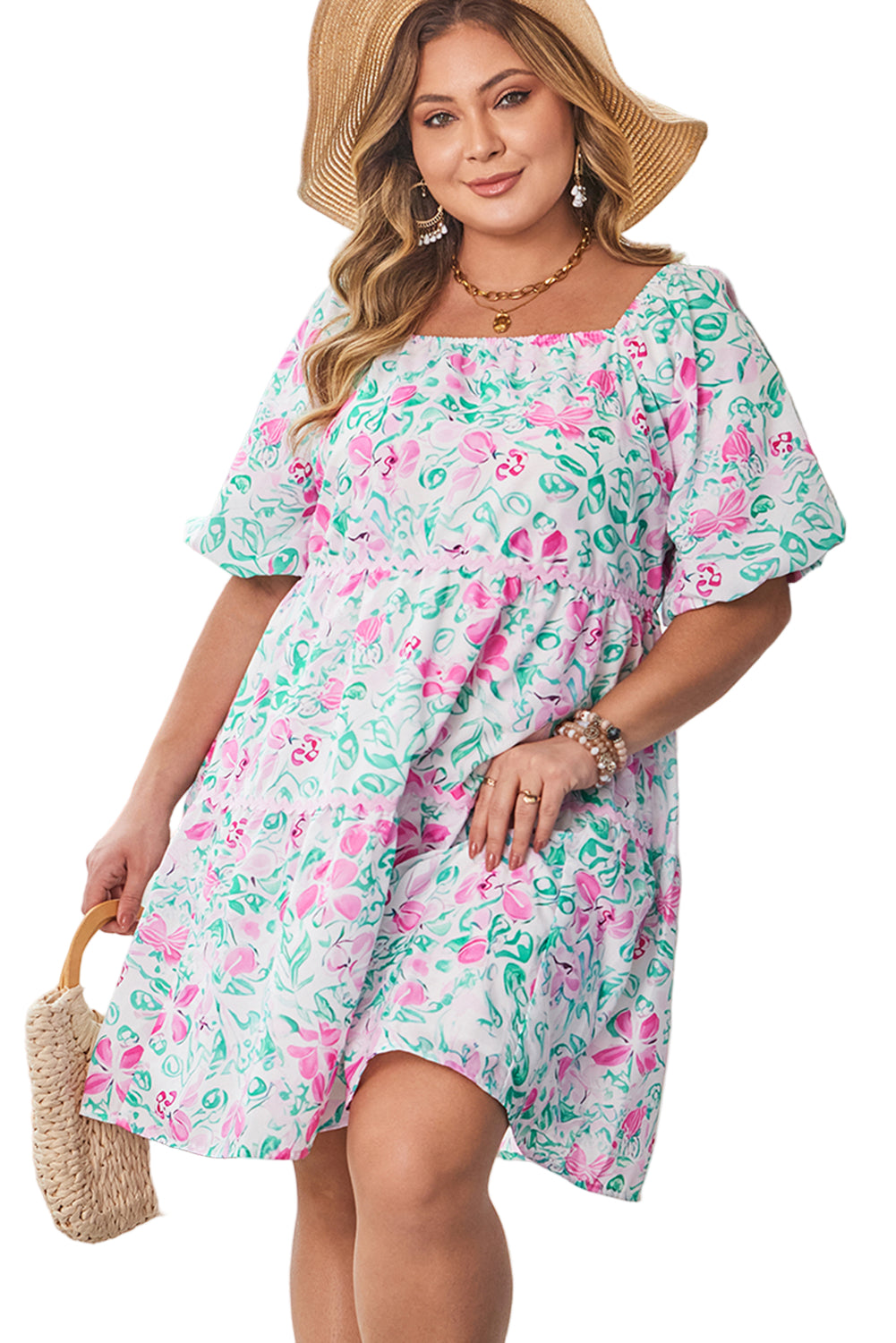 White Floral Print Ric-rac Trim Square Neck Plus Size Mini Dress