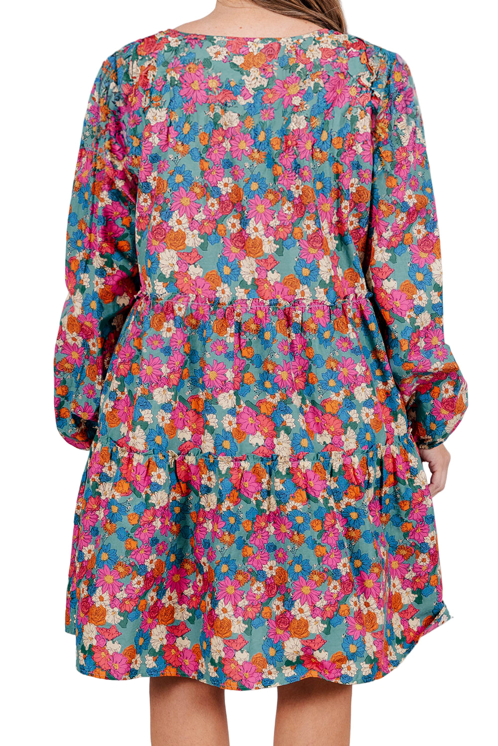 Sky Blue Plus Size Floral Print Shirred Ruffle Tiered Mini Dress