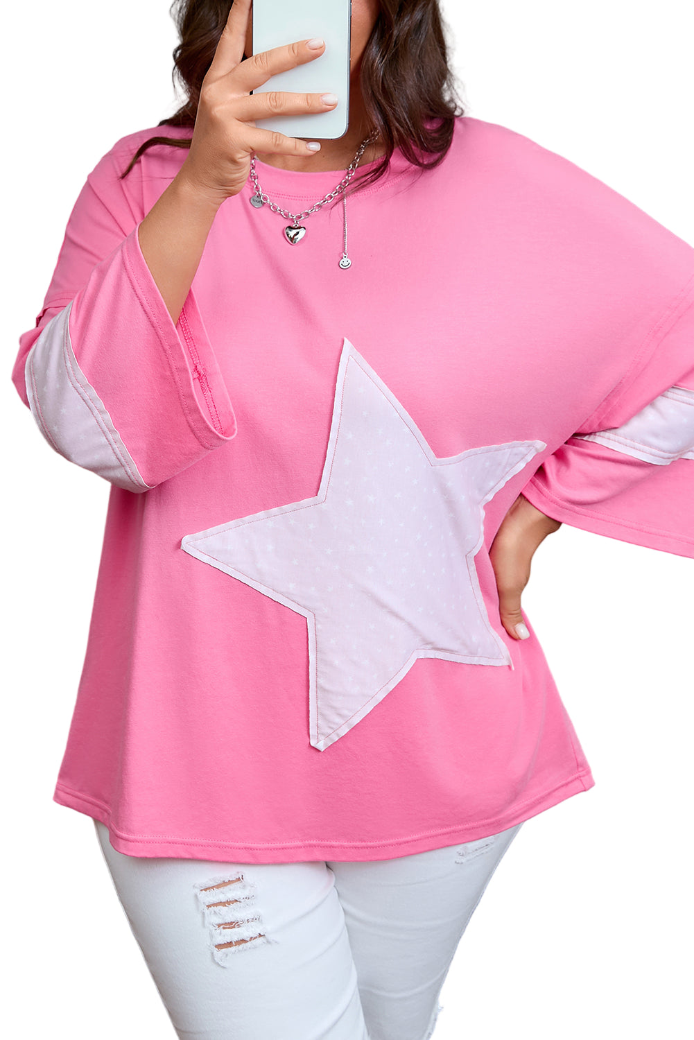 Pink Raw Edge Frayed Star Patched Plus Size Top
