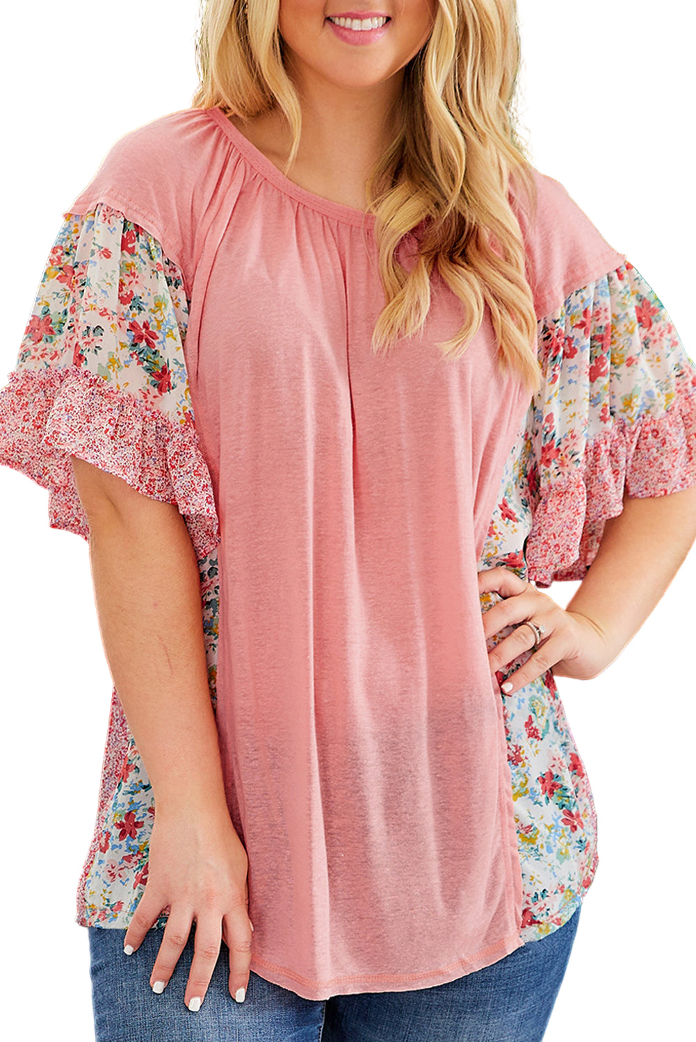 Pink Plus Size Floral Patchwork Ruffle Short Sleeve Blouse