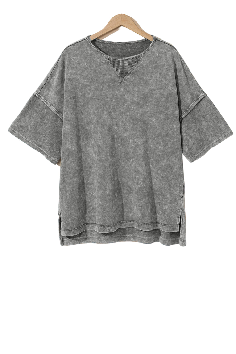 Light Grey Mineral Wash Drop Sleeve Patchwork Plus Size Tee