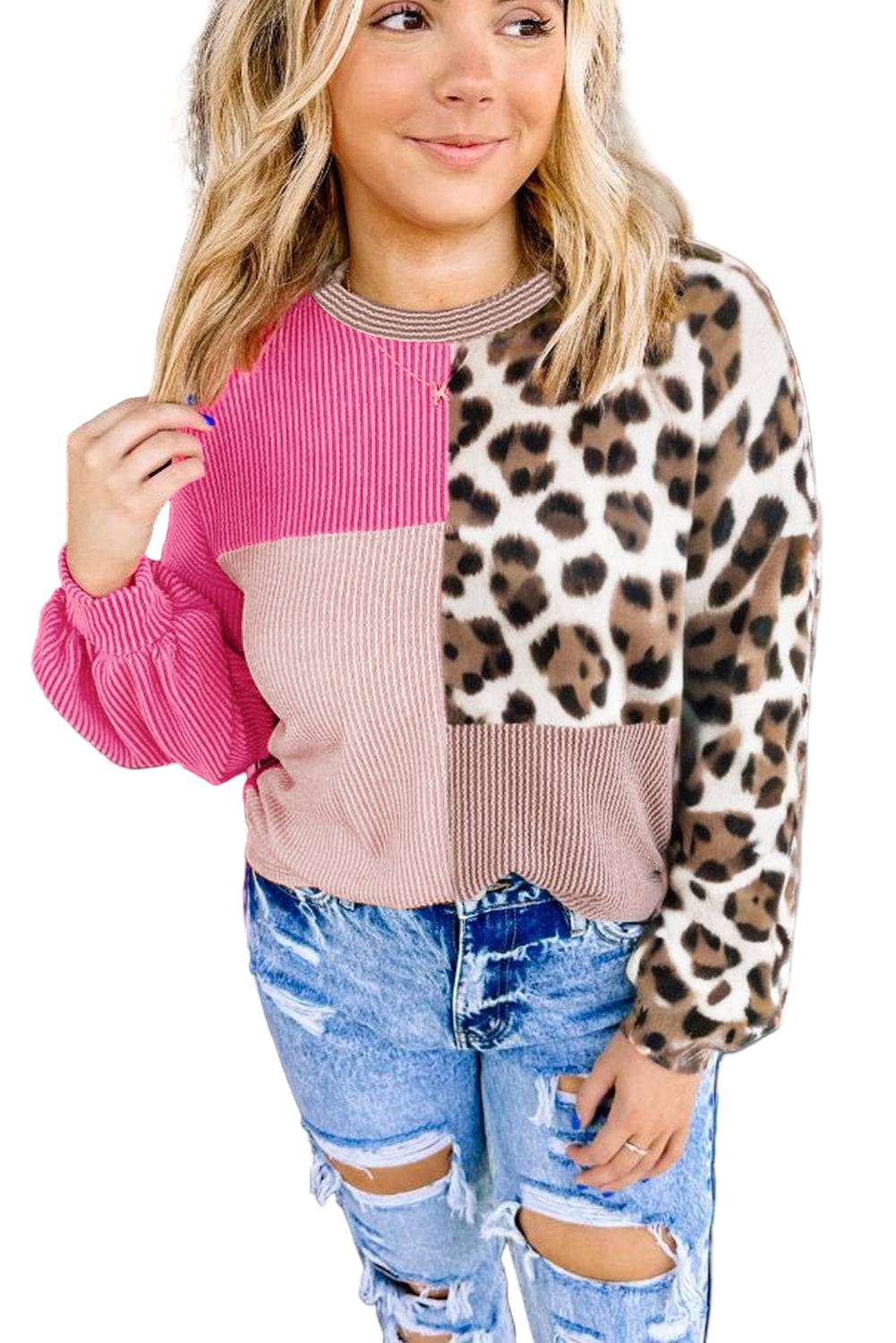 Rose Red Plus Size Twisted Ribbed Color Block Leopard Patchwork Long Sleeve Top