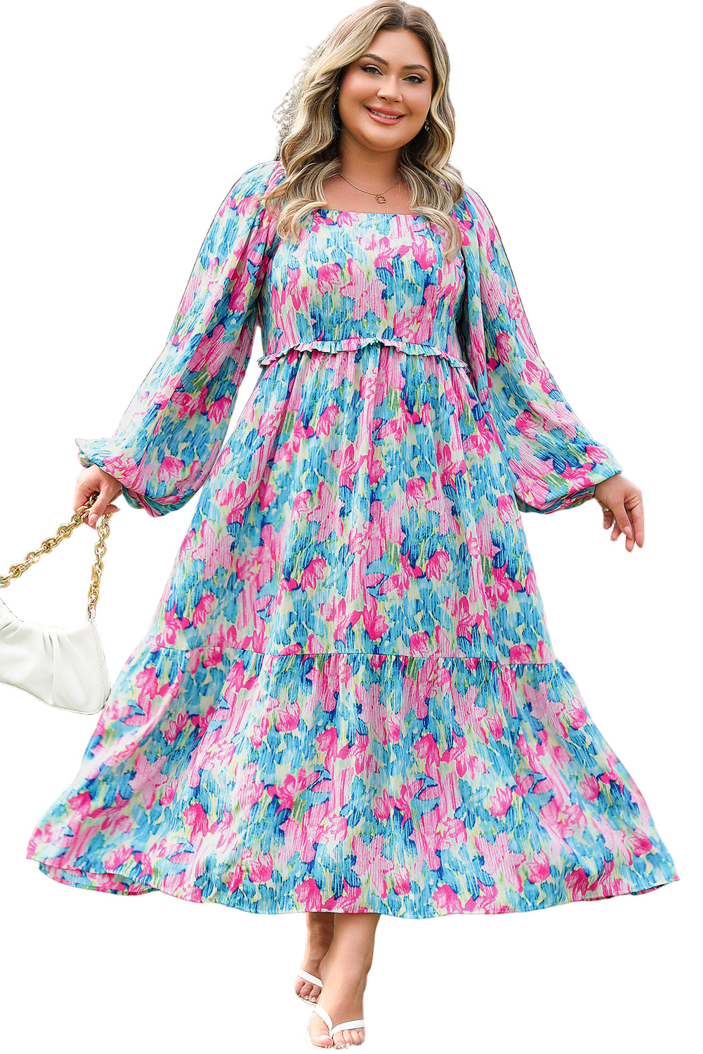 Sky Blue Floral Allover Print Shirred Square Neck Plus Size Maxi Dress