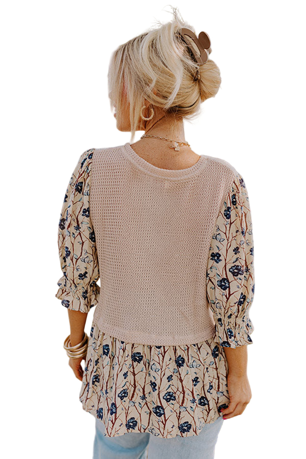 Beige Faux Two Piece Knit Patchwork Floral Plus Size Top