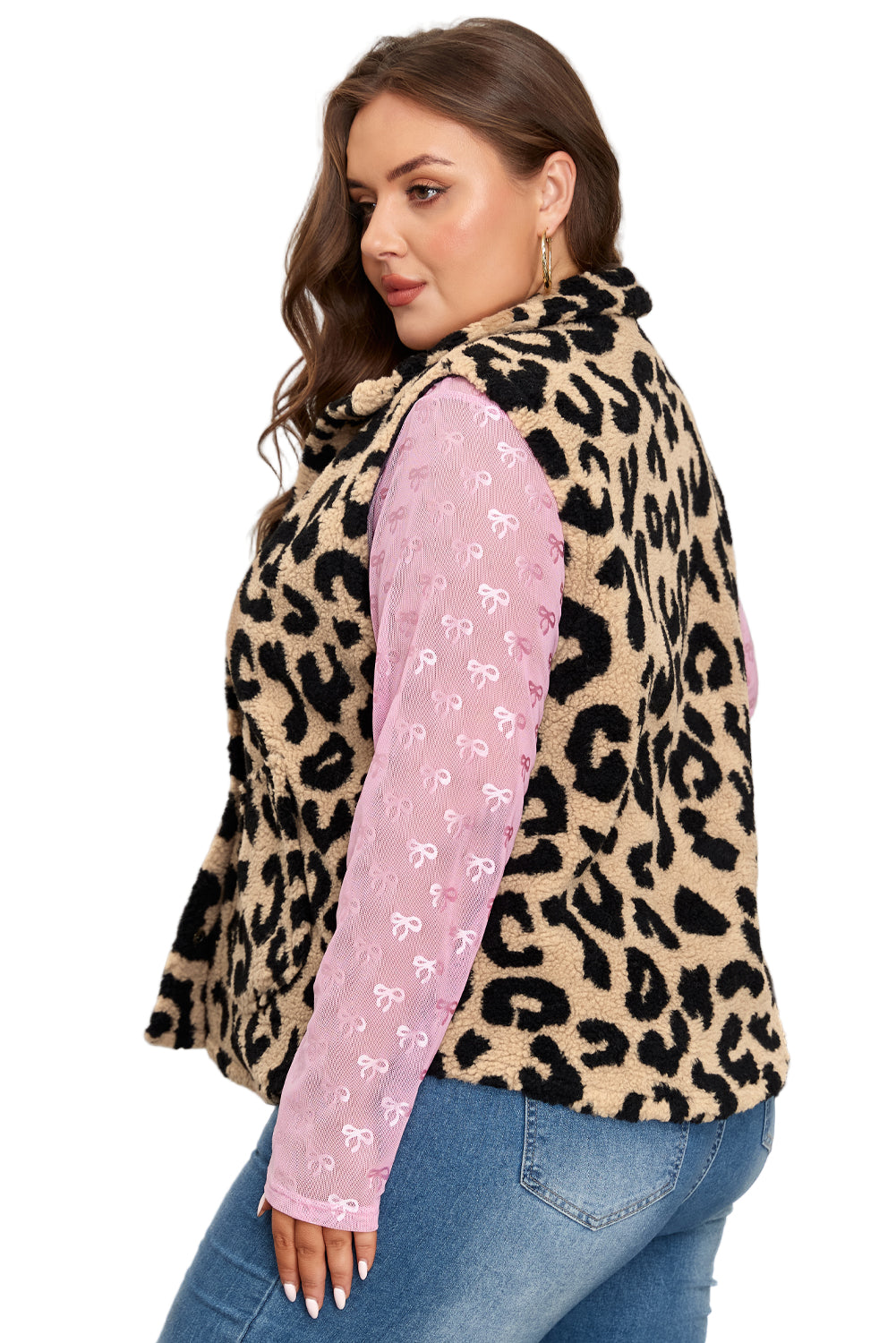 Khaki Leopard Sherpa Button Front Collared Plus Size Vest Jacket