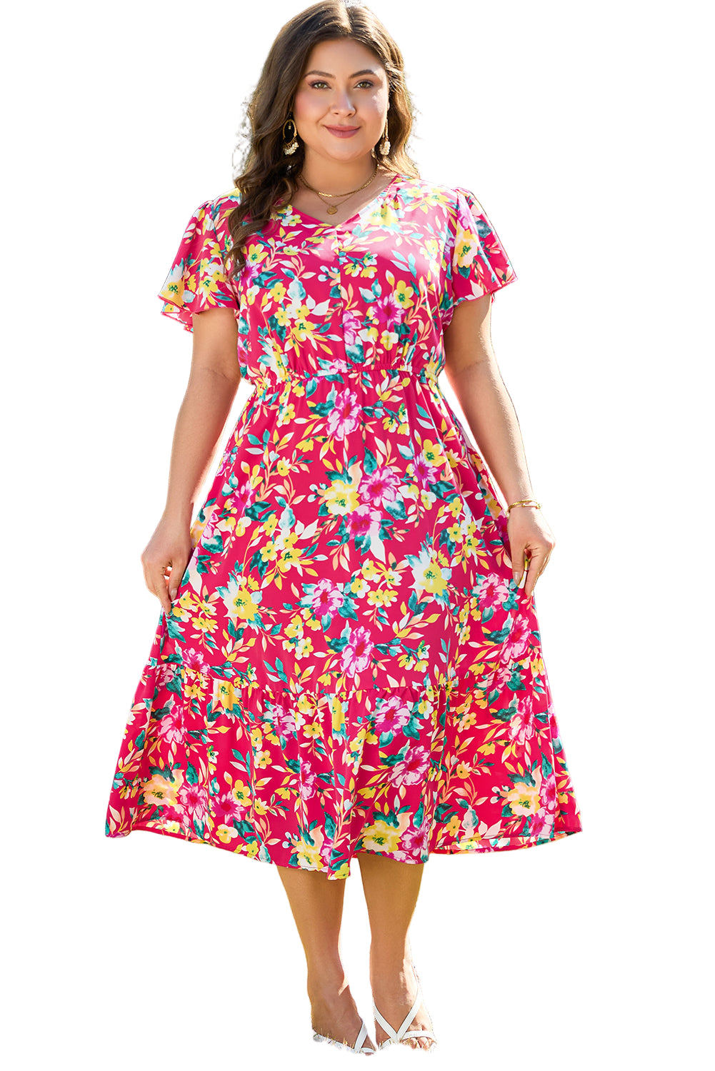 Pink Floral Print V Neck Pocketed High Waist Plus Size Midi Dress
