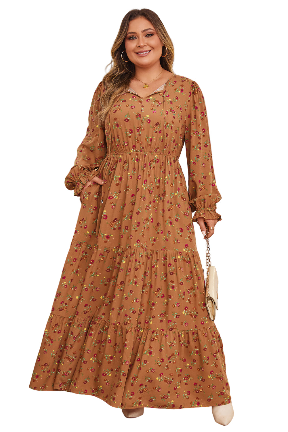 Brown Plus Size Floral Split V Neck Ruffled Sleeve Tiered Maxi Dress