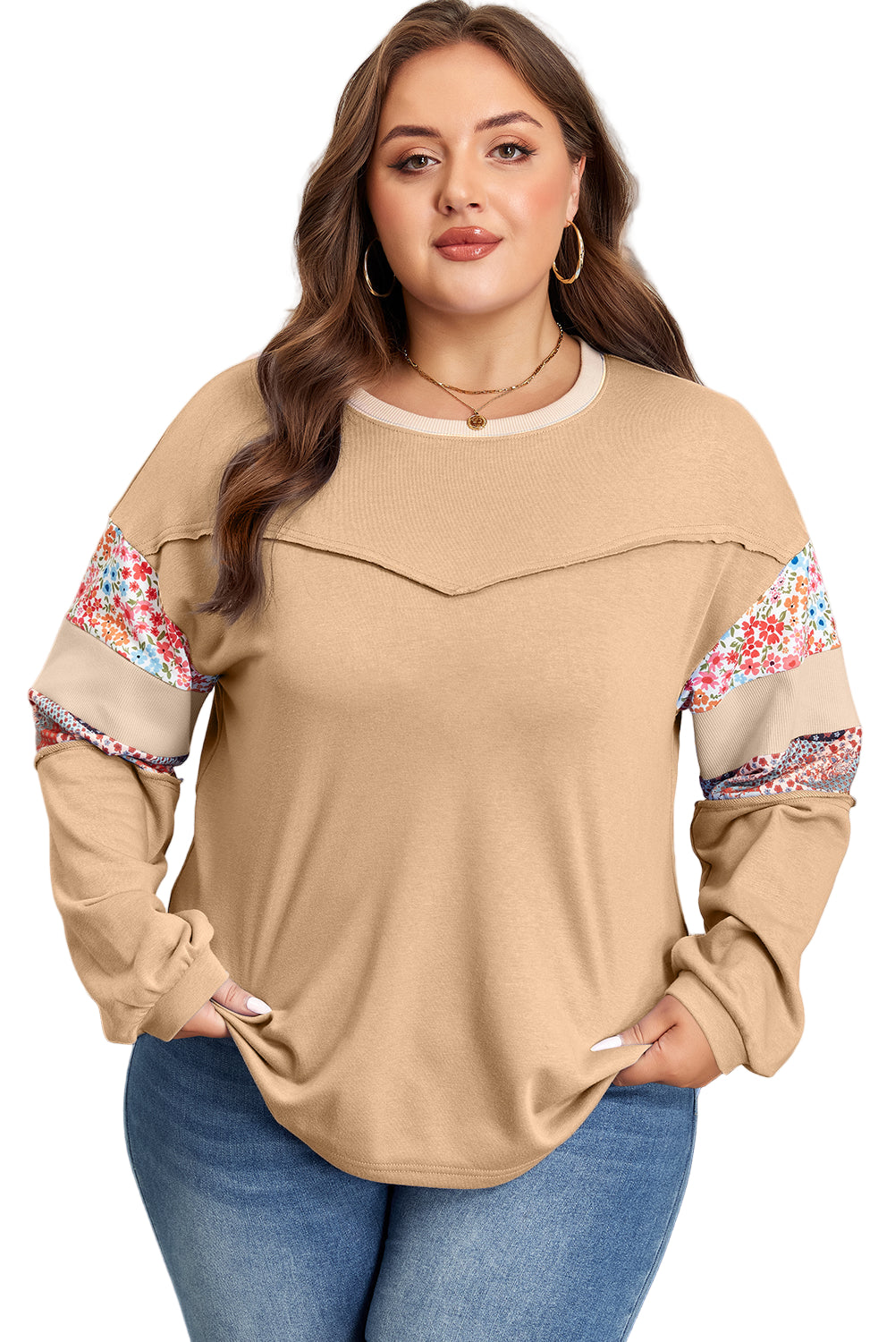 Khaki Exposed Seam Floral Mixed Patchwork Relaxed Plus Size Top