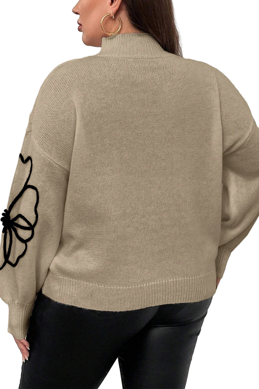 Dark Khaki Plus Size Big Flower Pattern High Neck Drop Shoulder Sweater