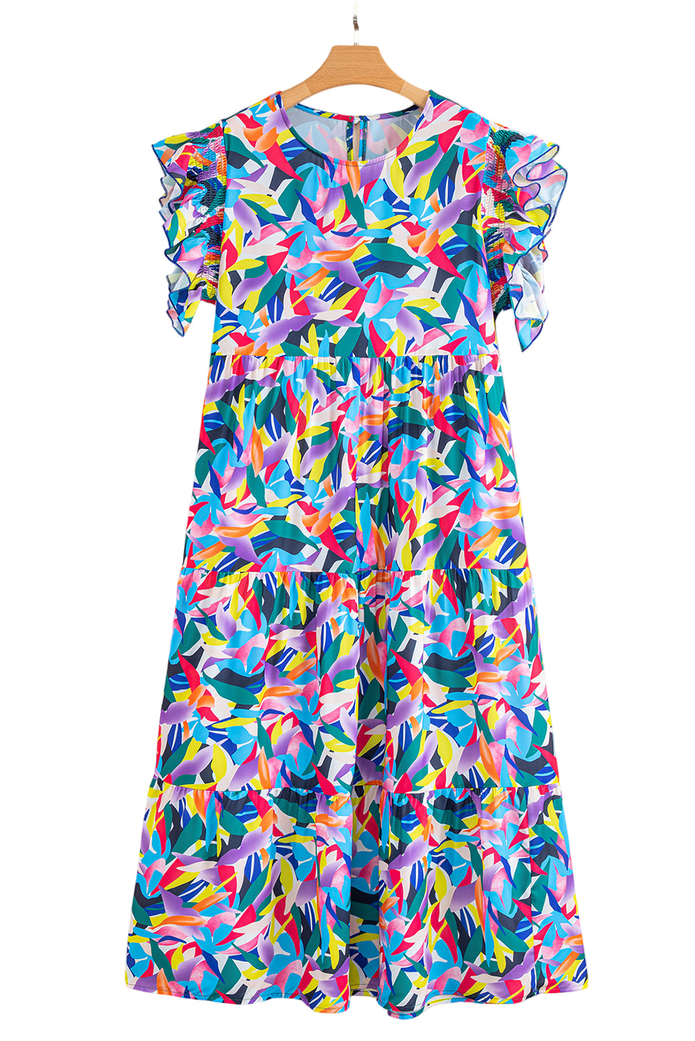 Blue Geometric Print Ruffled Short Sleeve Plus Size Tiered Maxi Dress