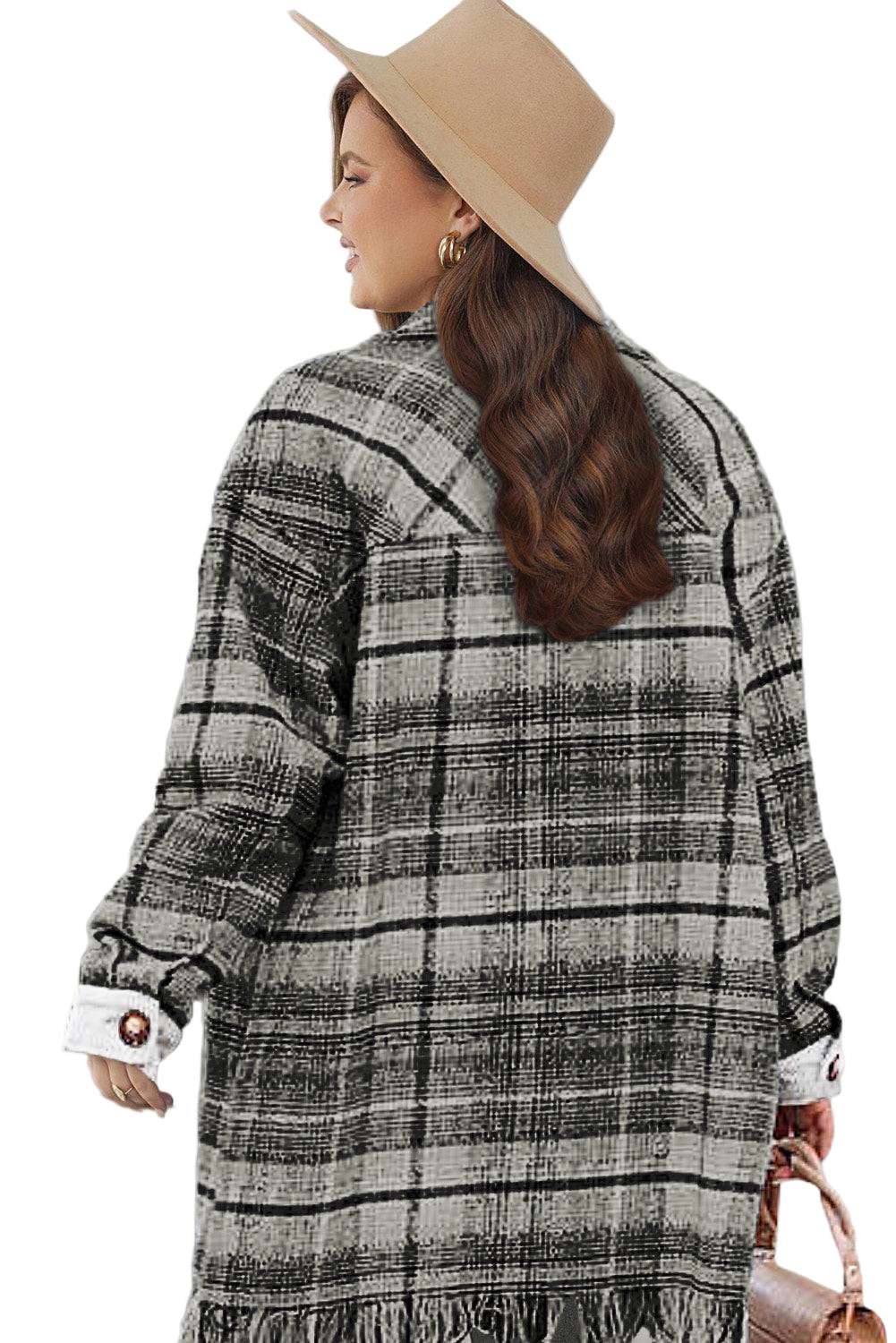 Gray Plus Size Macrame Plaid Coat