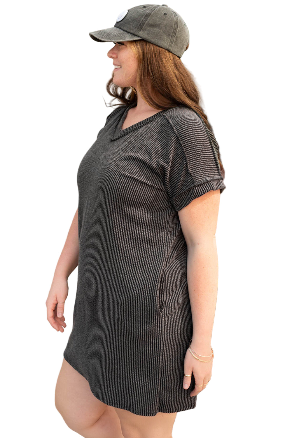 Carbon Grey Corded V Neck Plus Size T Shirt Dress with Pockets