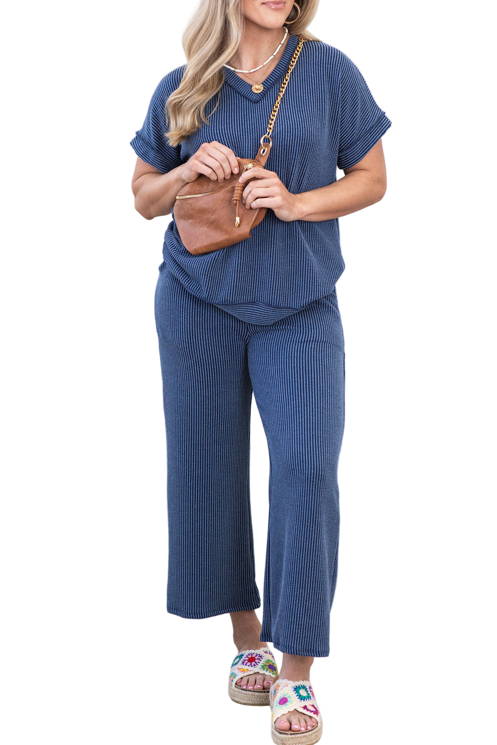 Sail Blue Ribbed V Neck Tee and Pants Plus Size Set