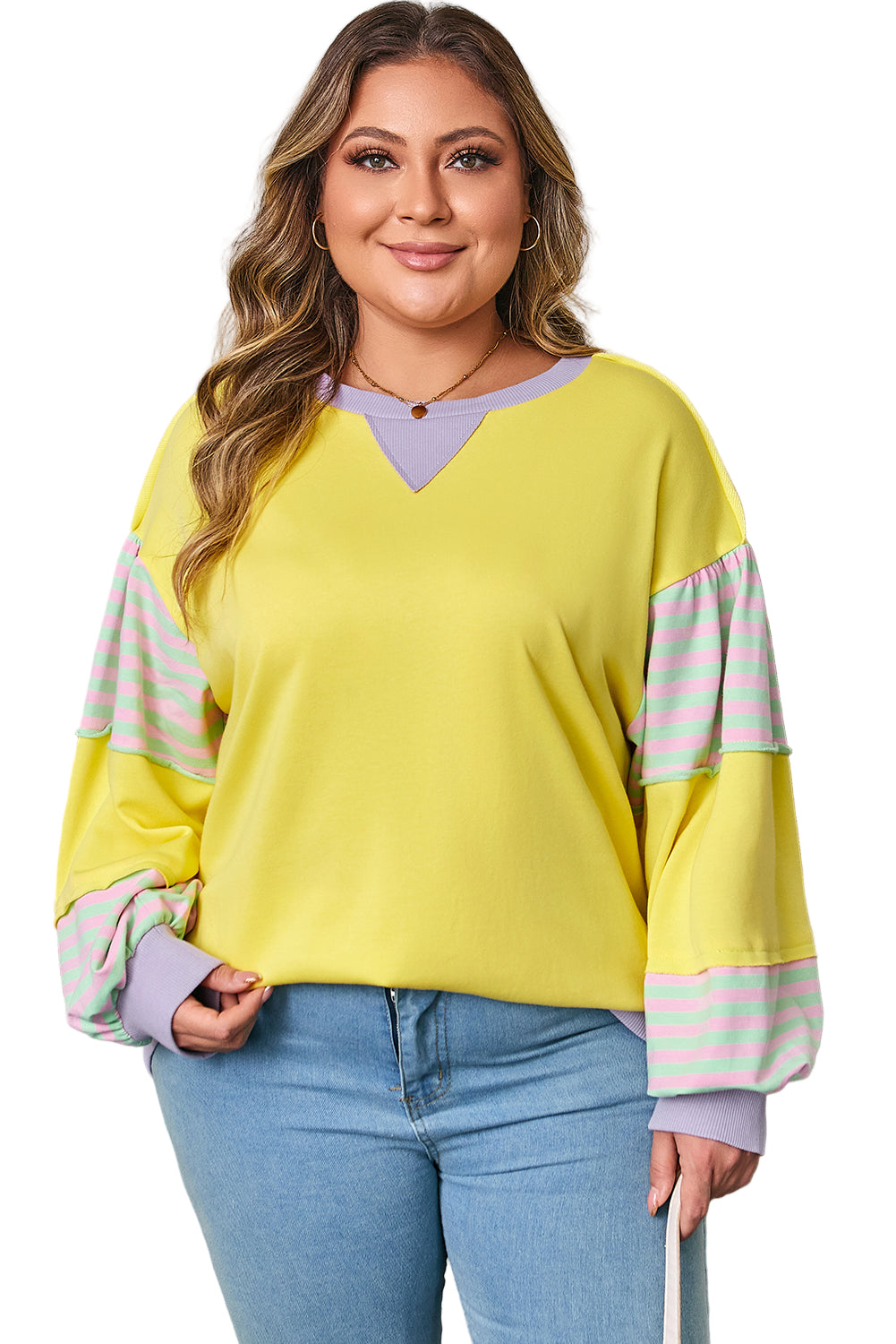 Yellow Striped Color Block Patchwork Crewneck Plus Size Pullover Sweatshirt