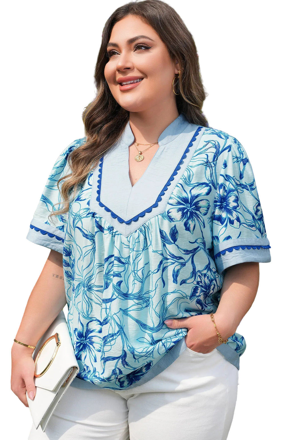 Sky Blue Plus Size Scalloped Trim Floral Short Sleeve Blouse