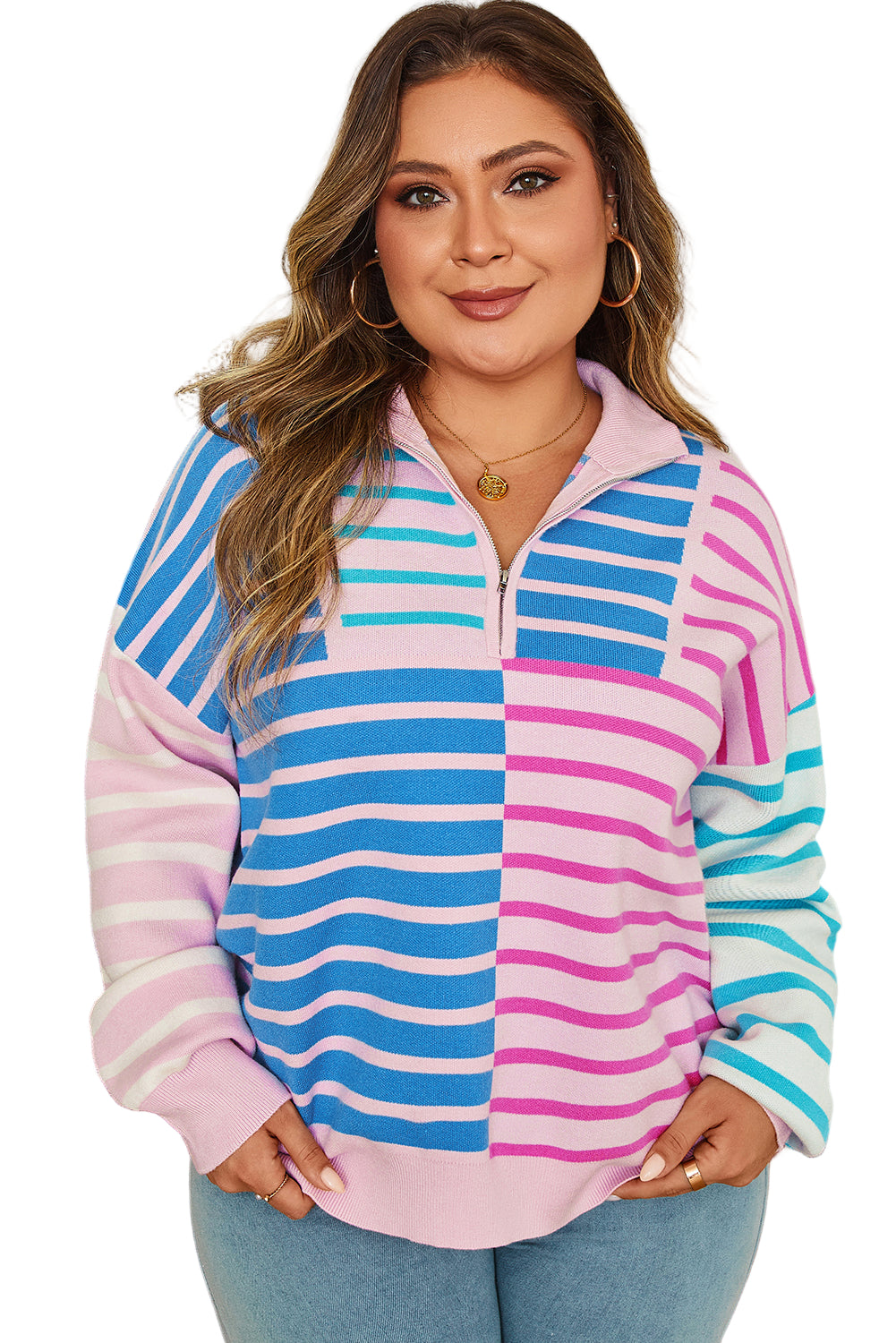 Sky Blue Stripe Colorblock Patchwork Plus Size Half Zip Sweater
