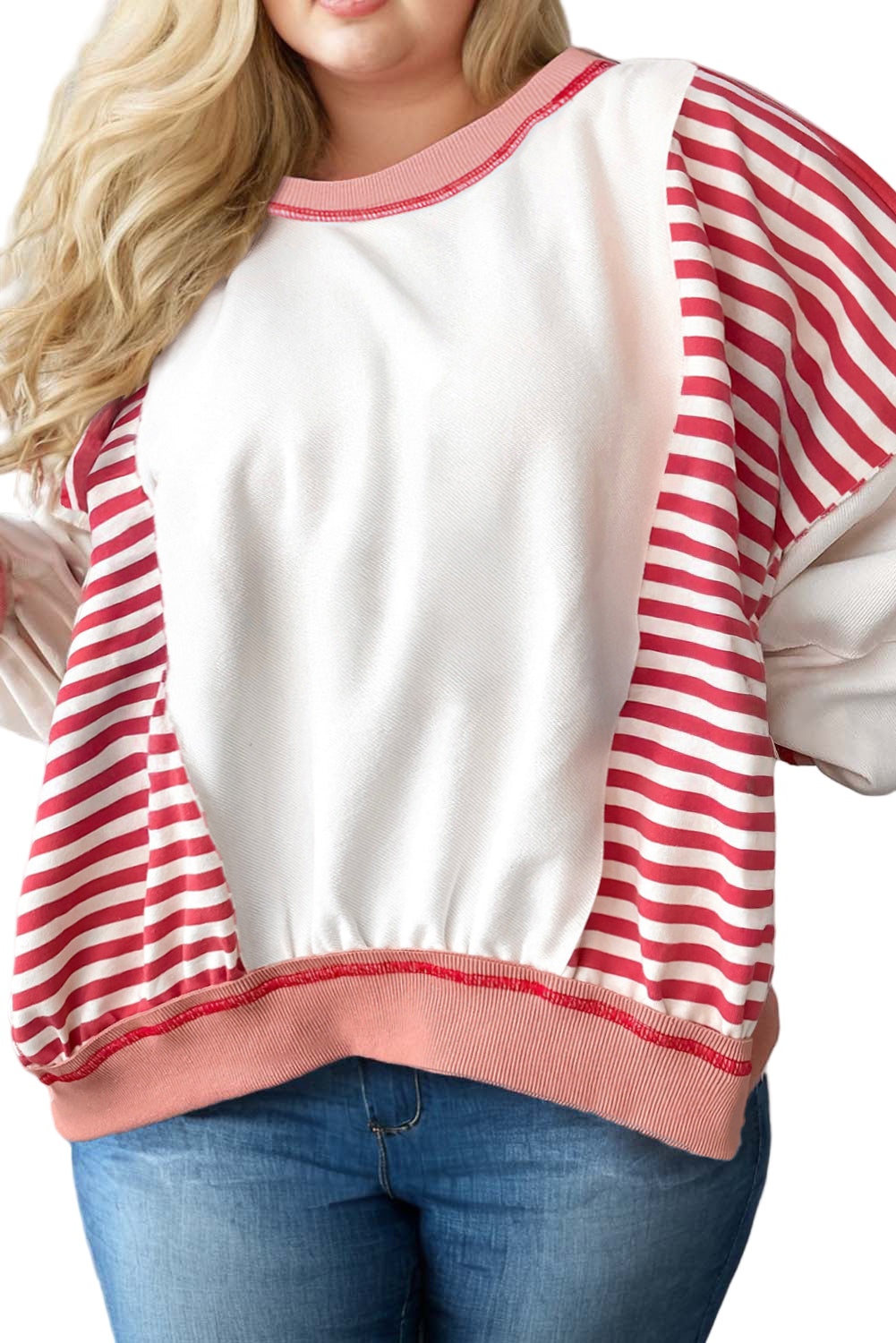Red Stripe Color Block Patchwork Seam Detail Plus Size Sweatshirt