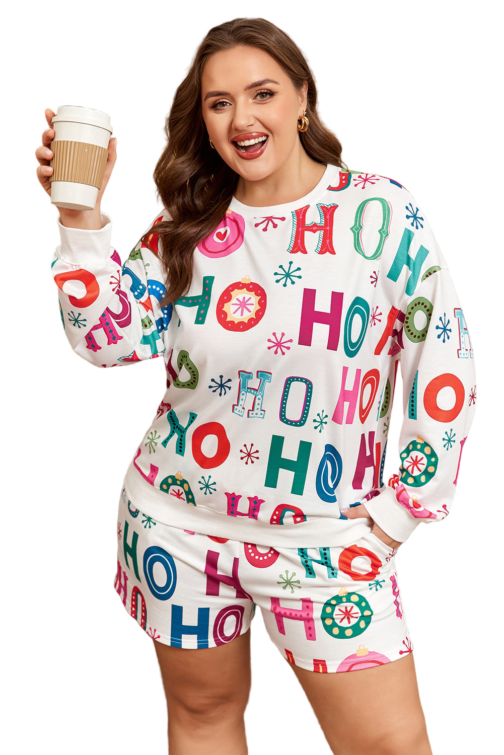 White Plus Size Christmas Ho Ho Ho Print Long Sleeve Top and Shorts 2pc Lounge Set