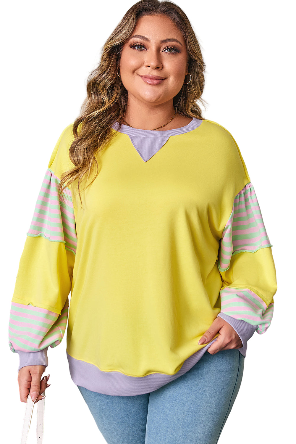 Yellow Striped Color Block Patchwork Crewneck Plus Size Pullover Sweatshirt