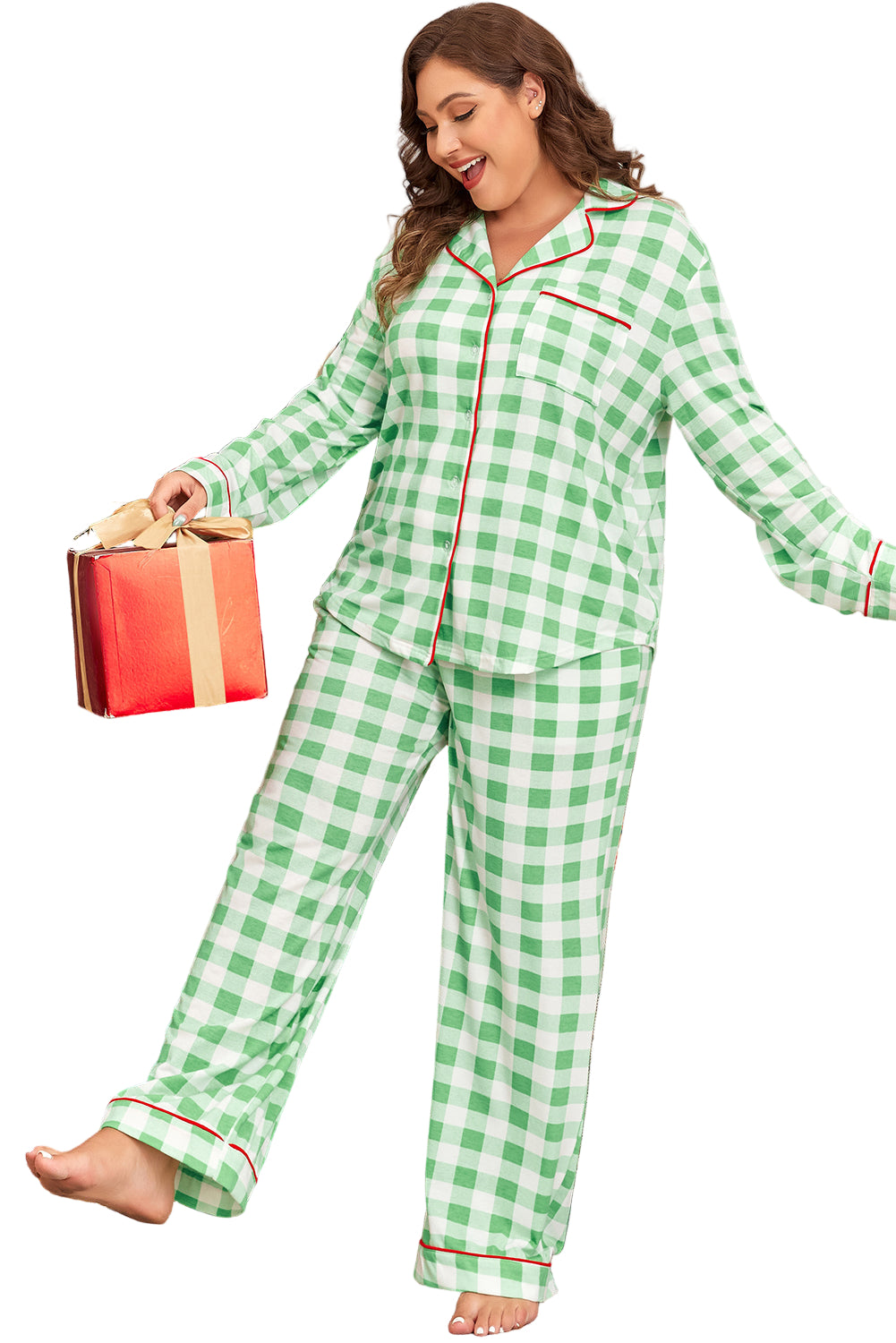 Green Plaid Print Contrast Trim Long Sleeve Plus Size Pajama Set
