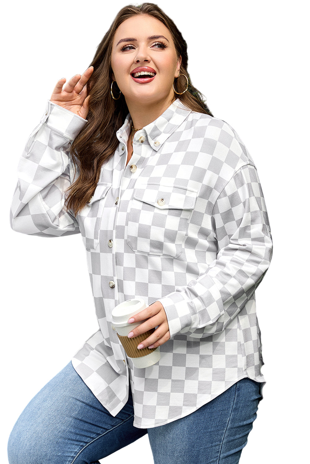 Khaki Plus Size Checkered Buttoned Down Casual Western Jacket