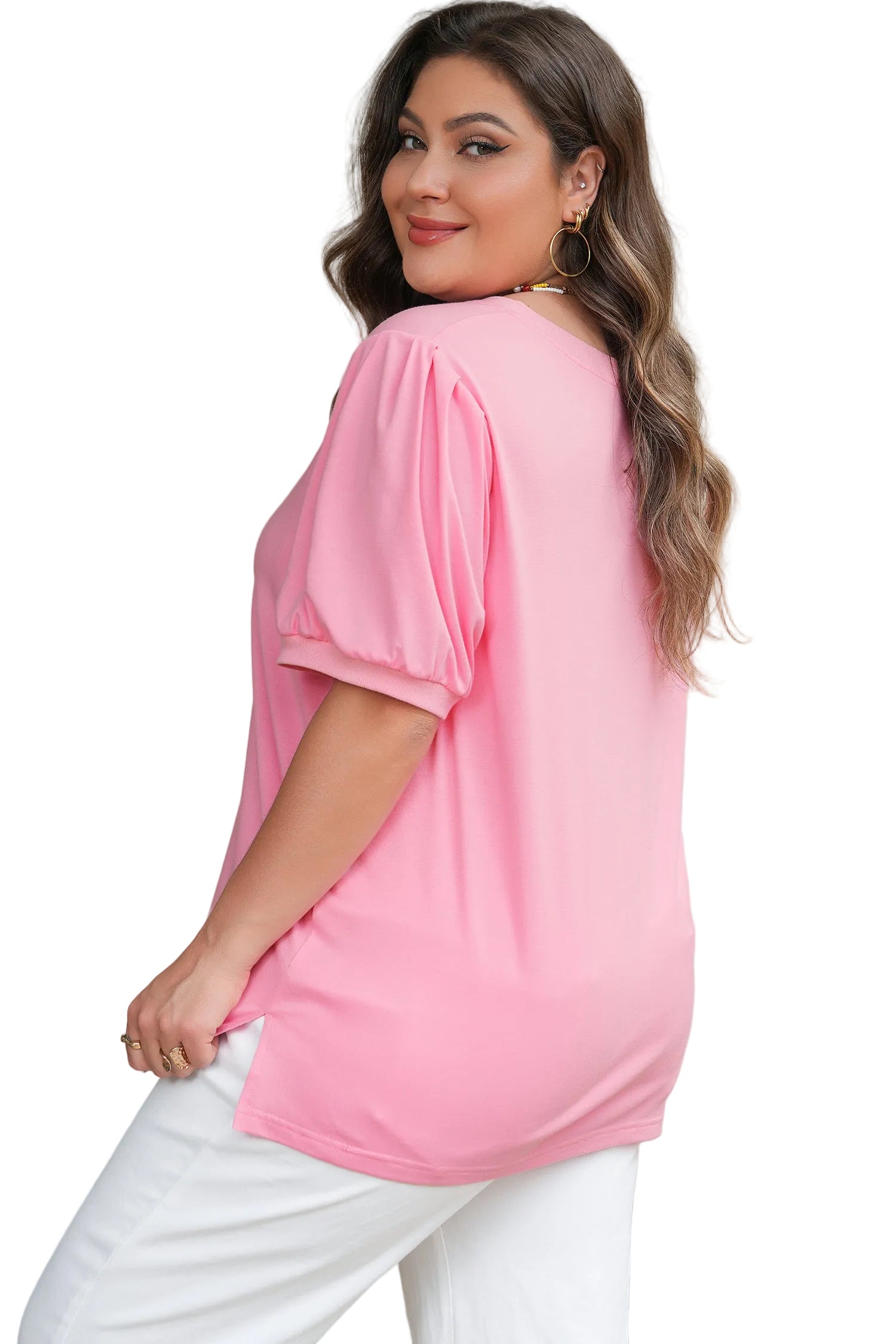 Bonbon V Neck Pleated Short Puff Sleeve Plus Size Blouse