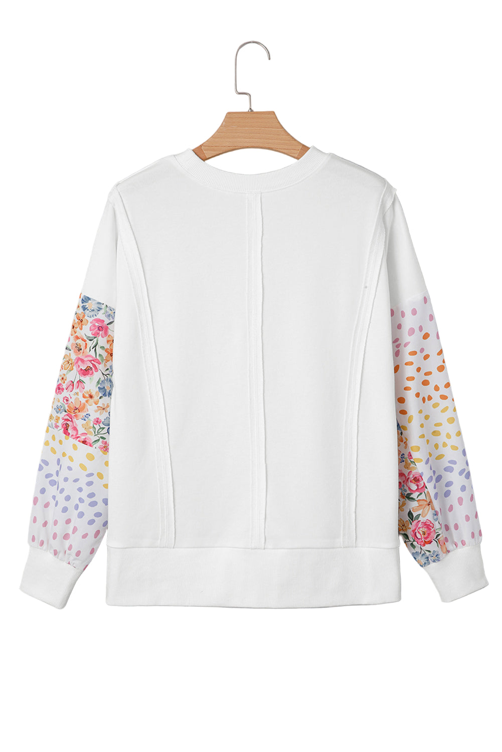 White Plus Size Exposed Seam Detail Contrast Dot Floral Patchwork Sleeve Sweatshirt