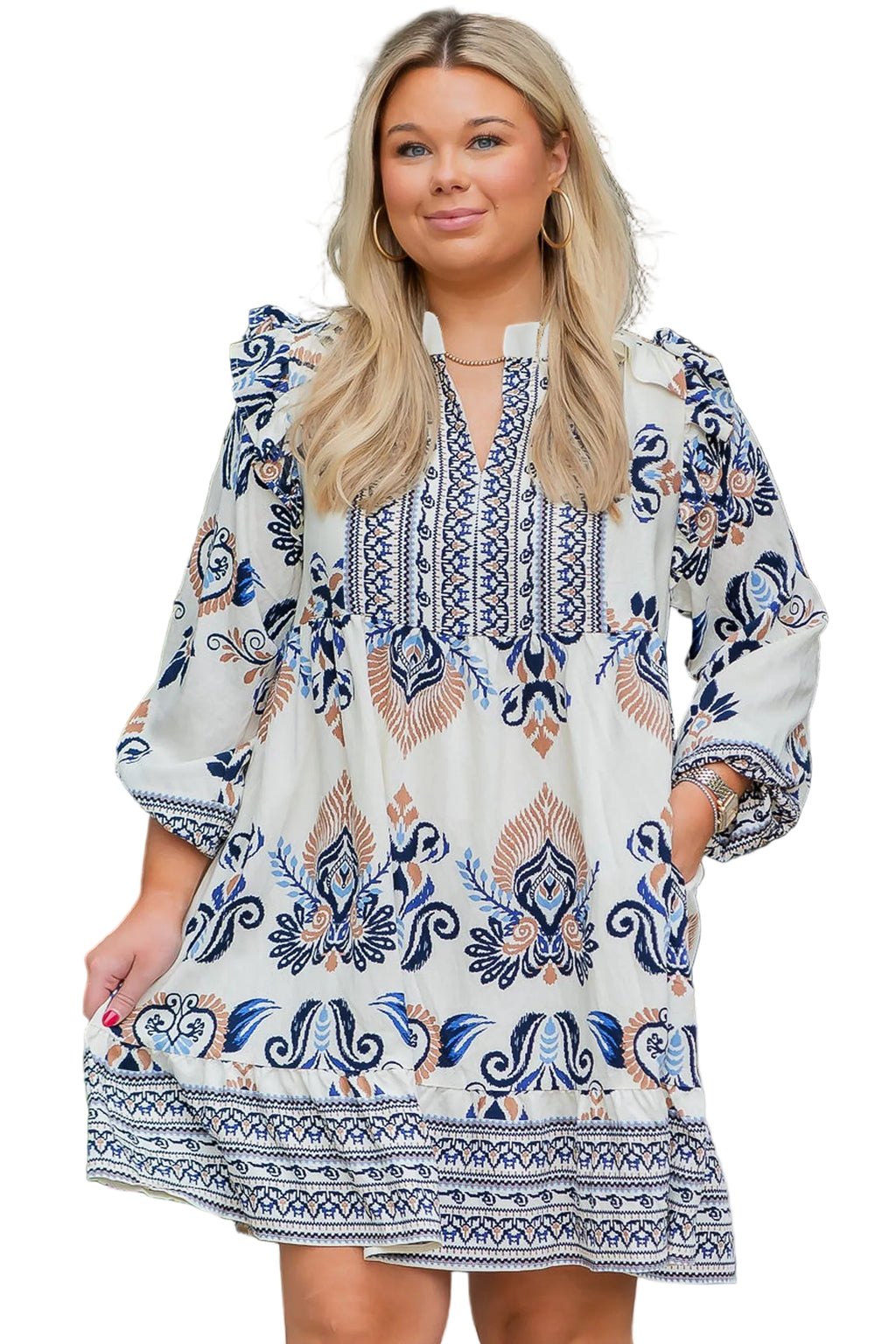 Sky Blue Plus Size Boho Print Split Neck Long Sleeve Mini Dress