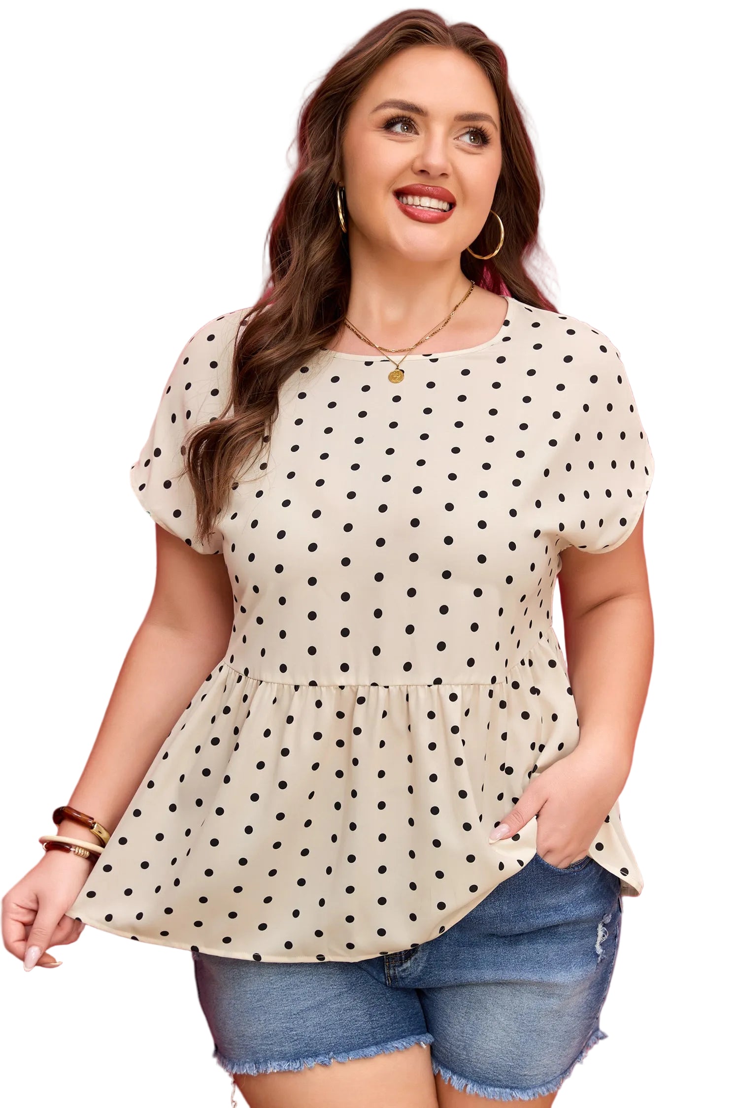 Apricot Plus Size Polka Dot Print Button Detail Short Sleeve Babydoll Blouse