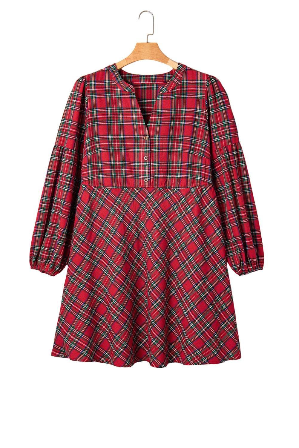 Red Plus Size Plaid Half Button Long Sleeve Holiday Dress