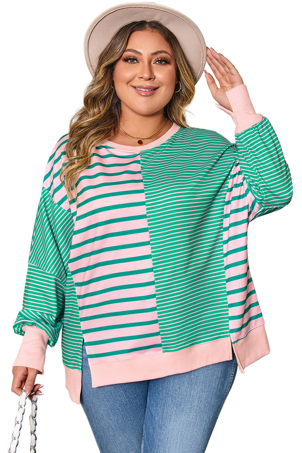 Green Stripe Color Block Exposed Seam Side Slit Plus Size Sweatshirt