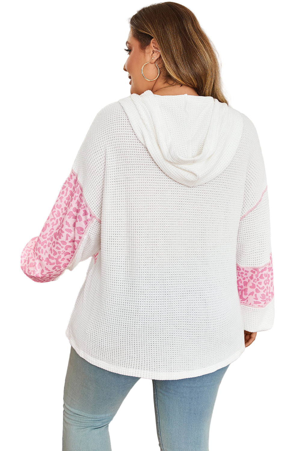 Pink Stripe Leopard Patchwork Waffle Knit Buttoned Plus Size Hoodie