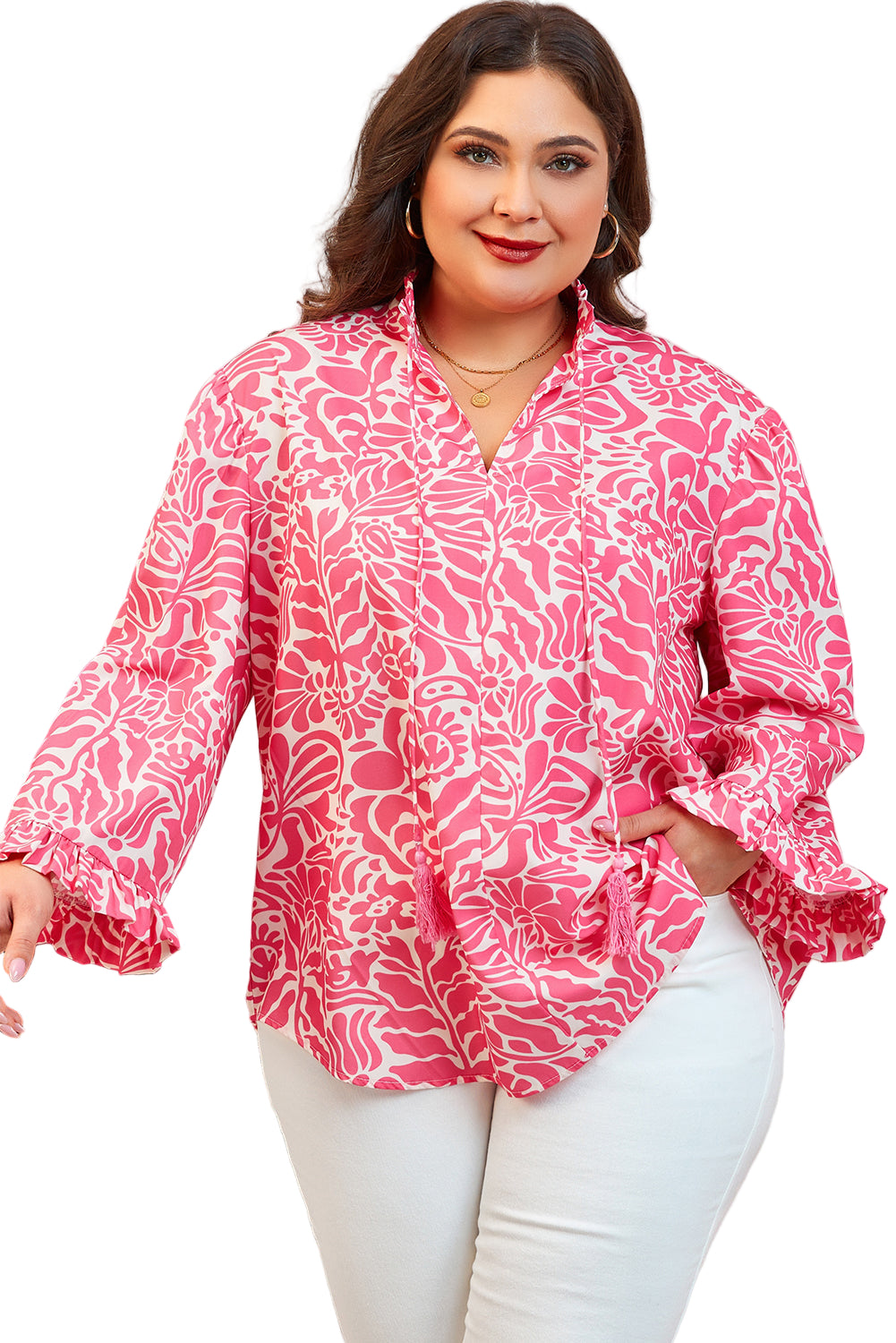 Pink Plus Size Floral Print Frilled Neck Puff Sleeve Blouse