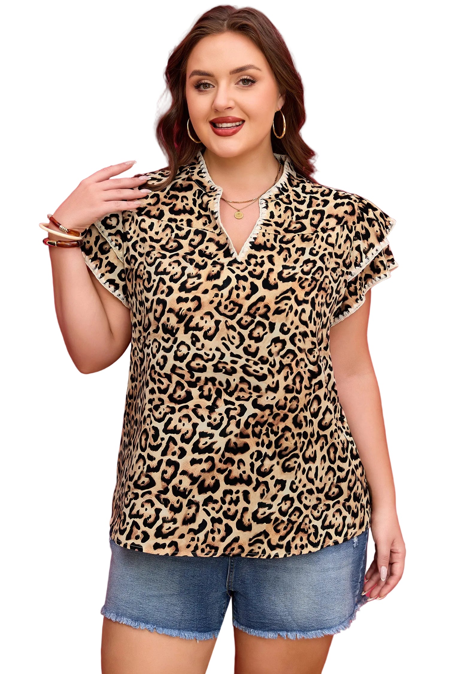 Khaki Plus Size Leopard Print Stitch Detail Ruffled Short Sleeve Blouse