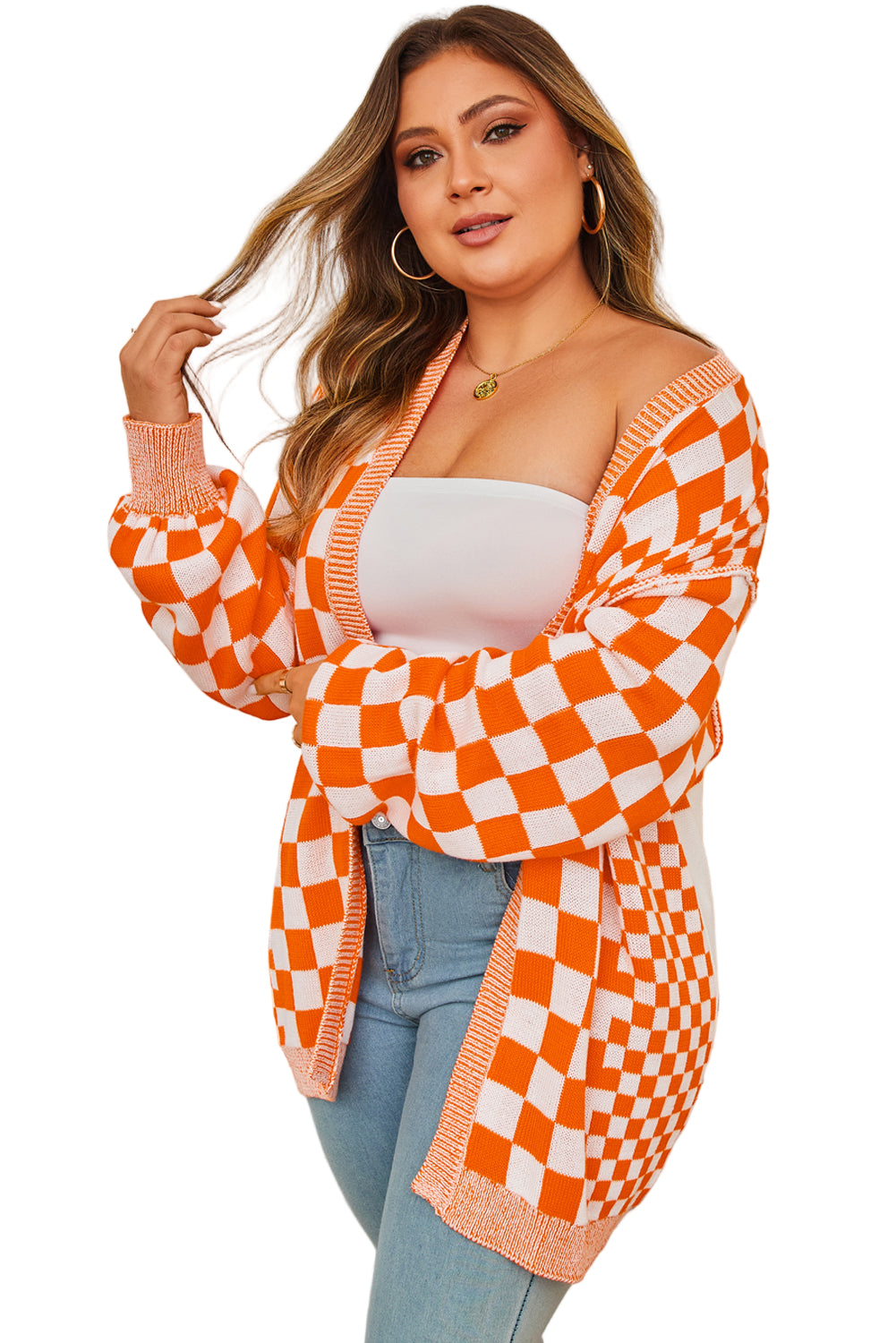 Orange Plus Size Checkered Bubble Sleeve Drop Shoulder Open Cardigan