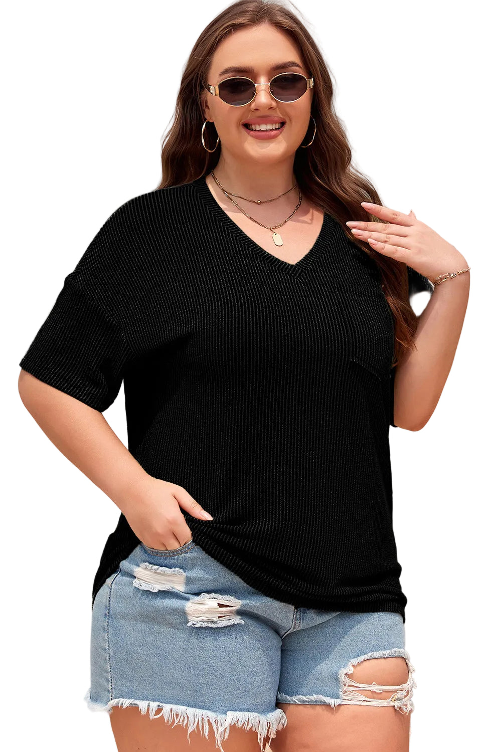 Black Textured V-Neck Dropped Shoulder Plus T-Shirt