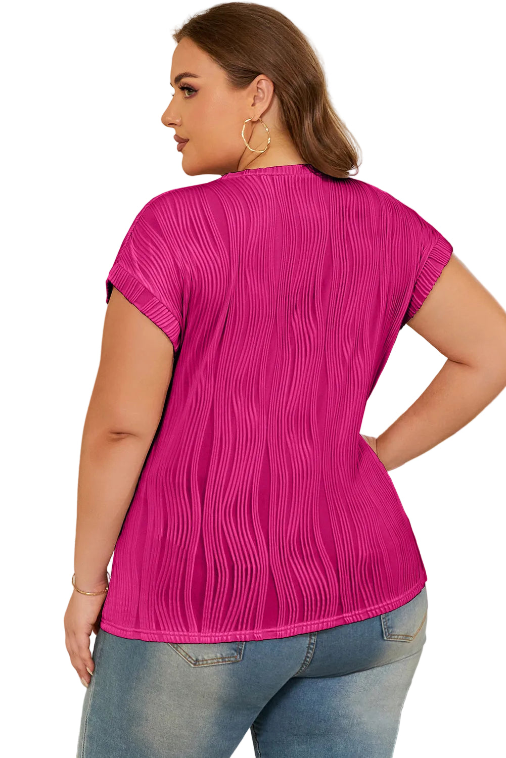 Rose Red Solid Color Wavy Textured Plus Size Tee