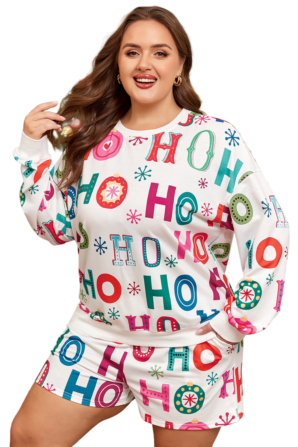 White Plus Size Christmas Ho Ho Ho Print Long Sleeve Top and Shorts 2pc Lounge Set