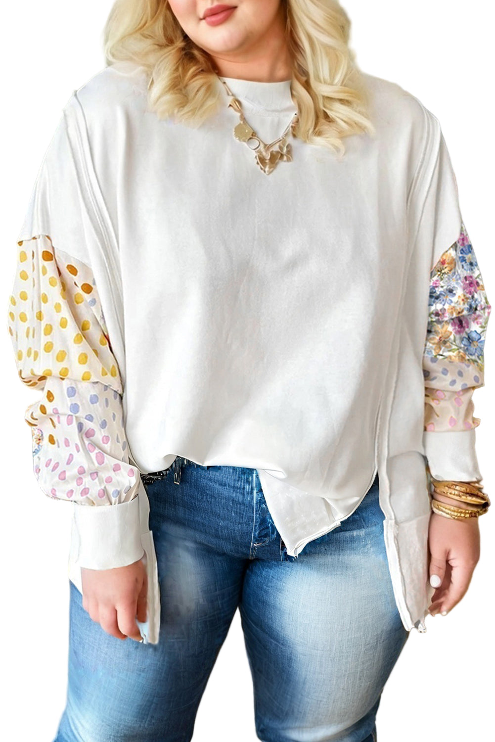 White Plus Size Exposed Seam Detail Contrast Dot Floral Patchwork Sleeve Sweatshirt